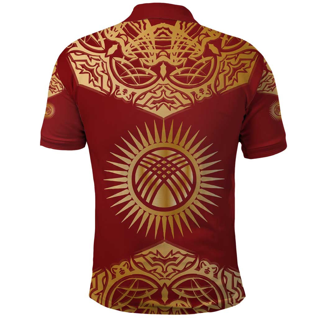 Kyrgyzstan National Symbol Polo Shirt Traditional Golden Pattern in Red and Gold