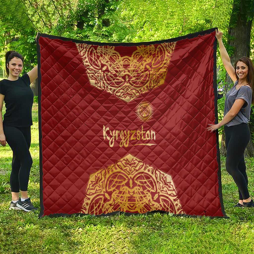 Kyrgyzstan National Symbol Quilt Traditional Golden Pattern in Red and Gold