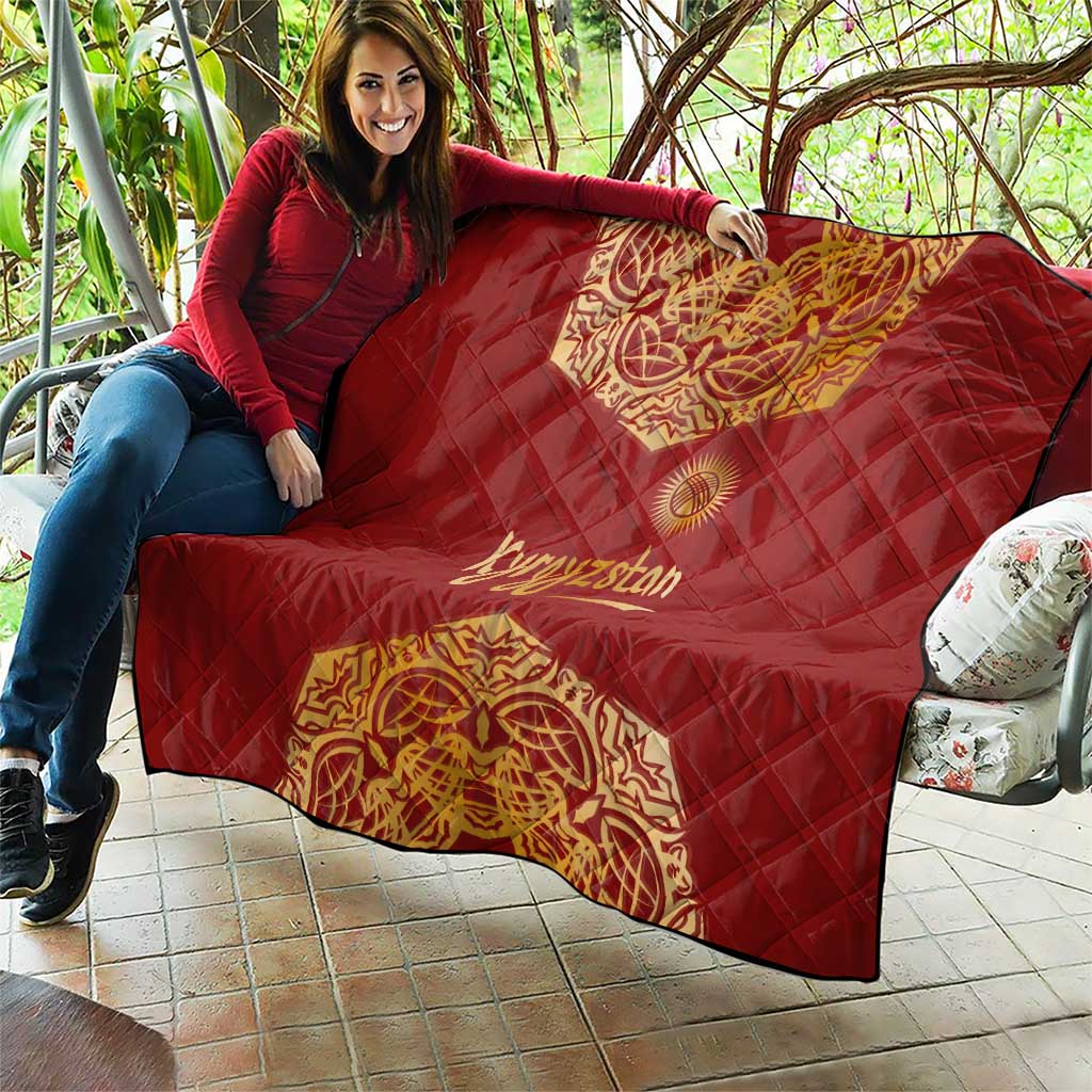 Kyrgyzstan National Symbol Quilt Traditional Golden Pattern in Red and Gold