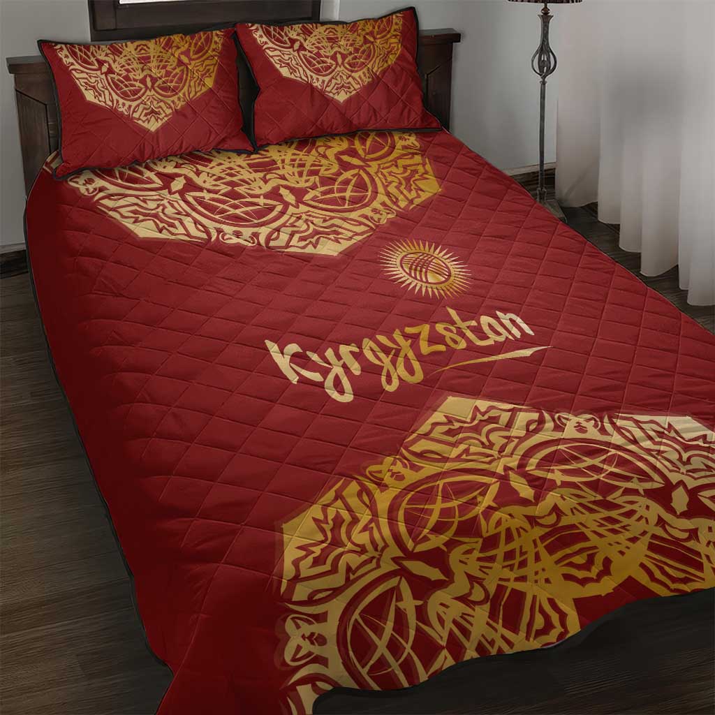 Kyrgyzstan National Symbol Quilt Bed Set Traditional Golden Pattern in Red and Gold