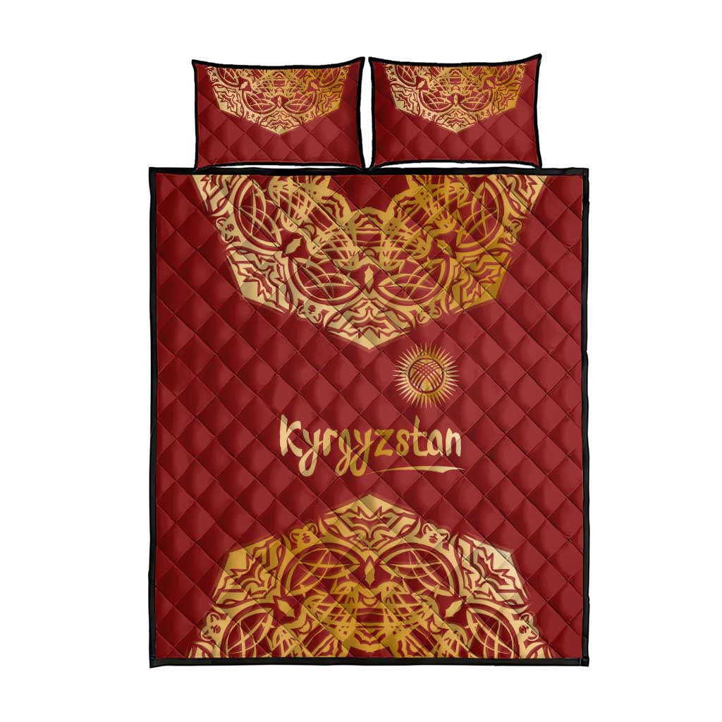 Kyrgyzstan National Symbol Quilt Bed Set Traditional Golden Pattern in Red and Gold