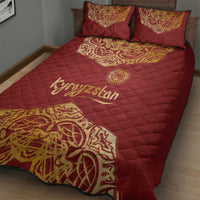 Kyrgyzstan National Symbol Quilt Bed Set Traditional Golden Pattern in Red and Gold