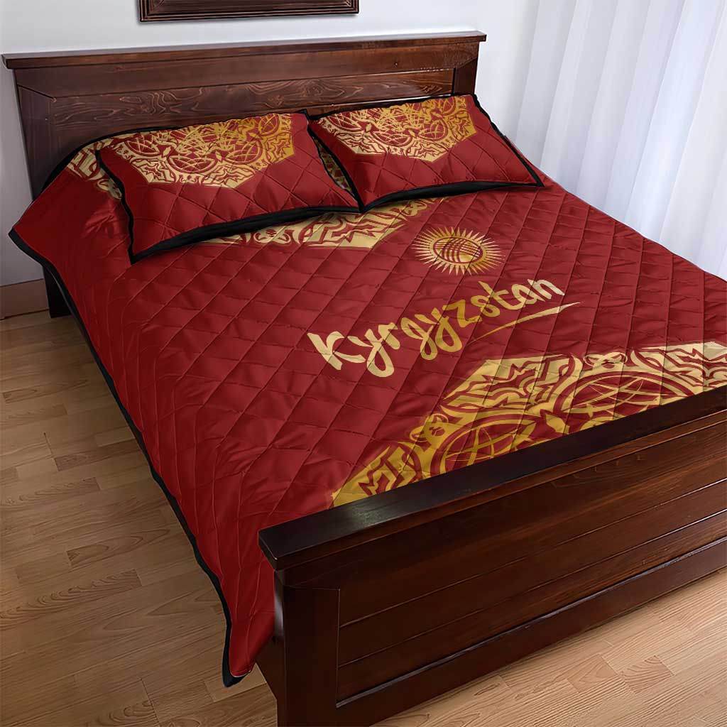 Kyrgyzstan National Symbol Quilt Bed Set Traditional Golden Pattern in Red and Gold