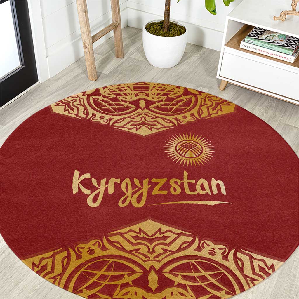 Kyrgyzstan National Symbol Round Carpet Traditional Golden Pattern in Red and Gold
