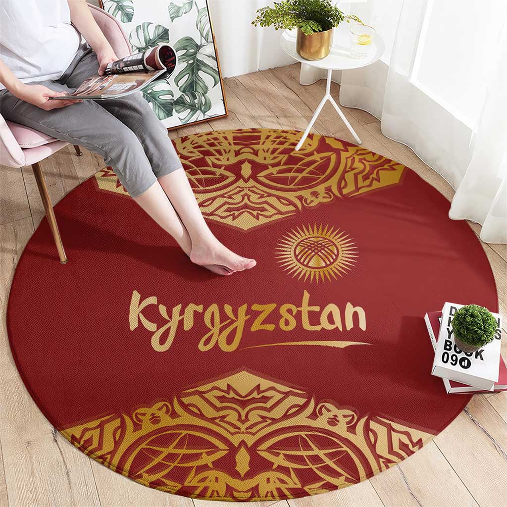 Kyrgyzstan National Symbol Round Carpet Traditional Golden Pattern in Red and Gold