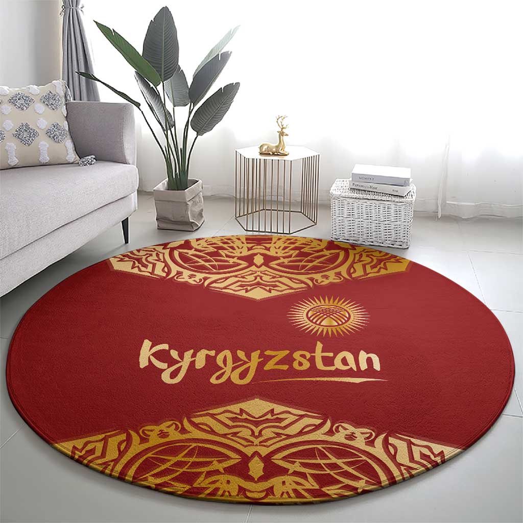 Kyrgyzstan National Symbol Round Carpet Traditional Golden Pattern in Red and Gold