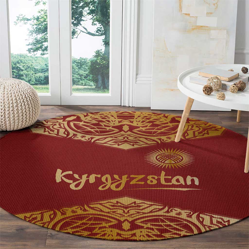 Kyrgyzstan National Symbol Round Carpet Traditional Golden Pattern in Red and Gold