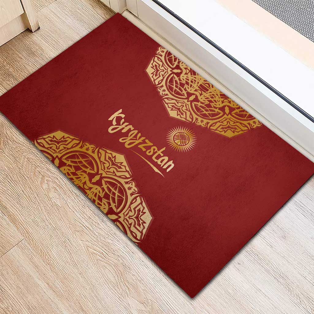 Kyrgyzstan National Symbol Rubber Doormat Traditional Golden Pattern in Red and Gold