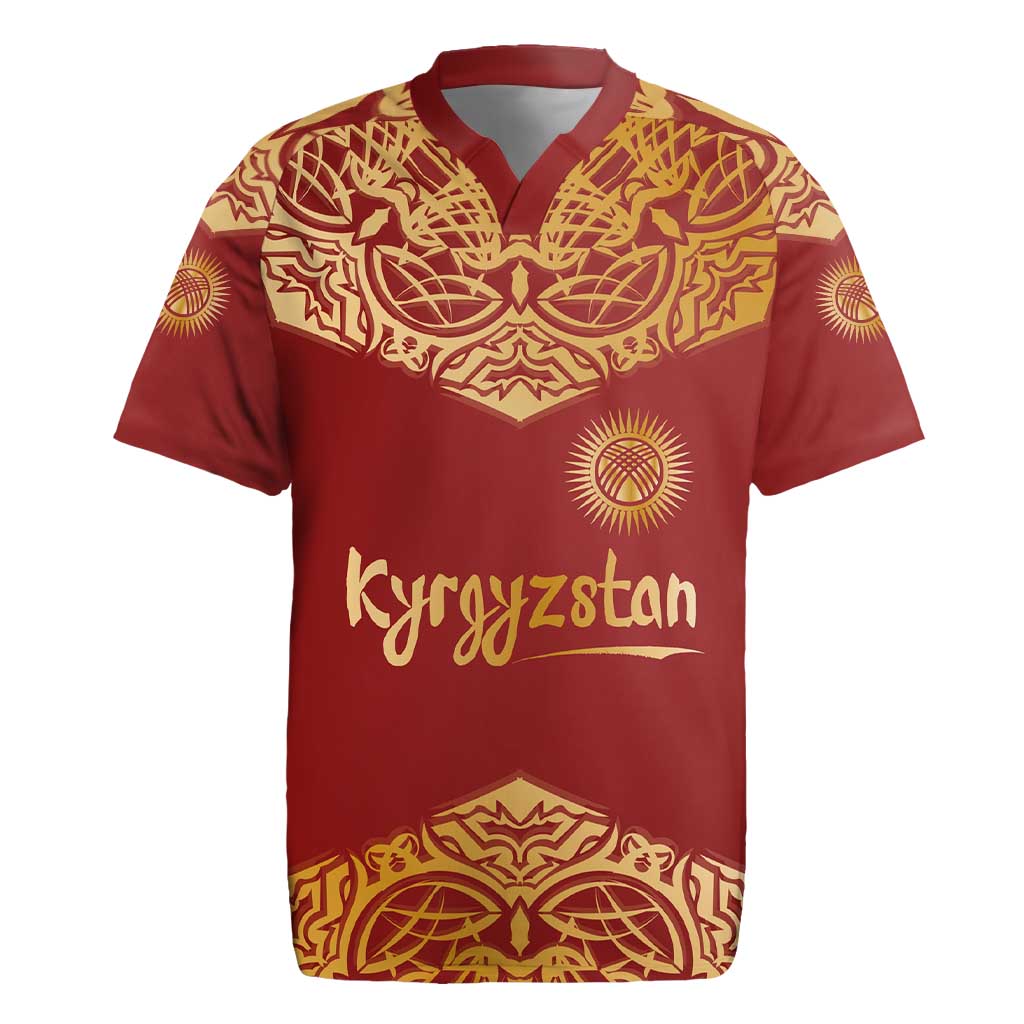 Kyrgyzstan National Symbol Rugby Jersey Traditional Golden Pattern in Red and Gold