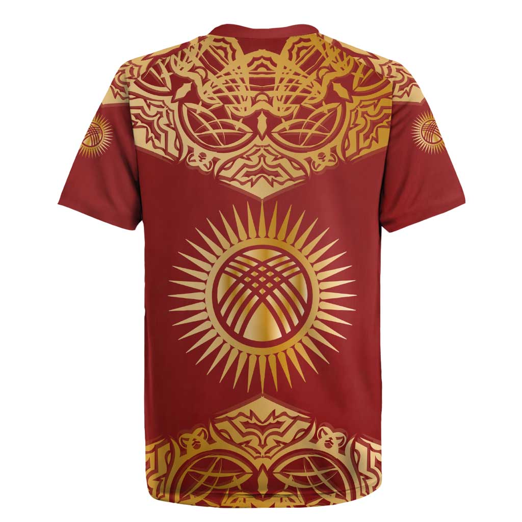 Kyrgyzstan National Symbol Rugby Jersey Traditional Golden Pattern in Red and Gold