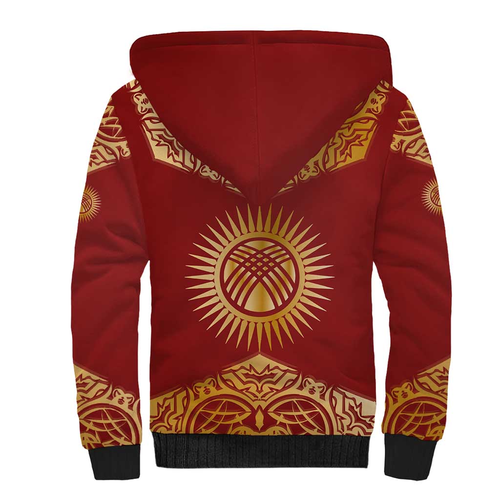 Kyrgyzstan National Symbol Sherpa Hoodie Traditional Golden Pattern in Red and Gold
