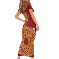 Kyrgyzstan National Symbol Short Sleeve Bodycon Dress Traditional Golden Pattern in Red and Gold