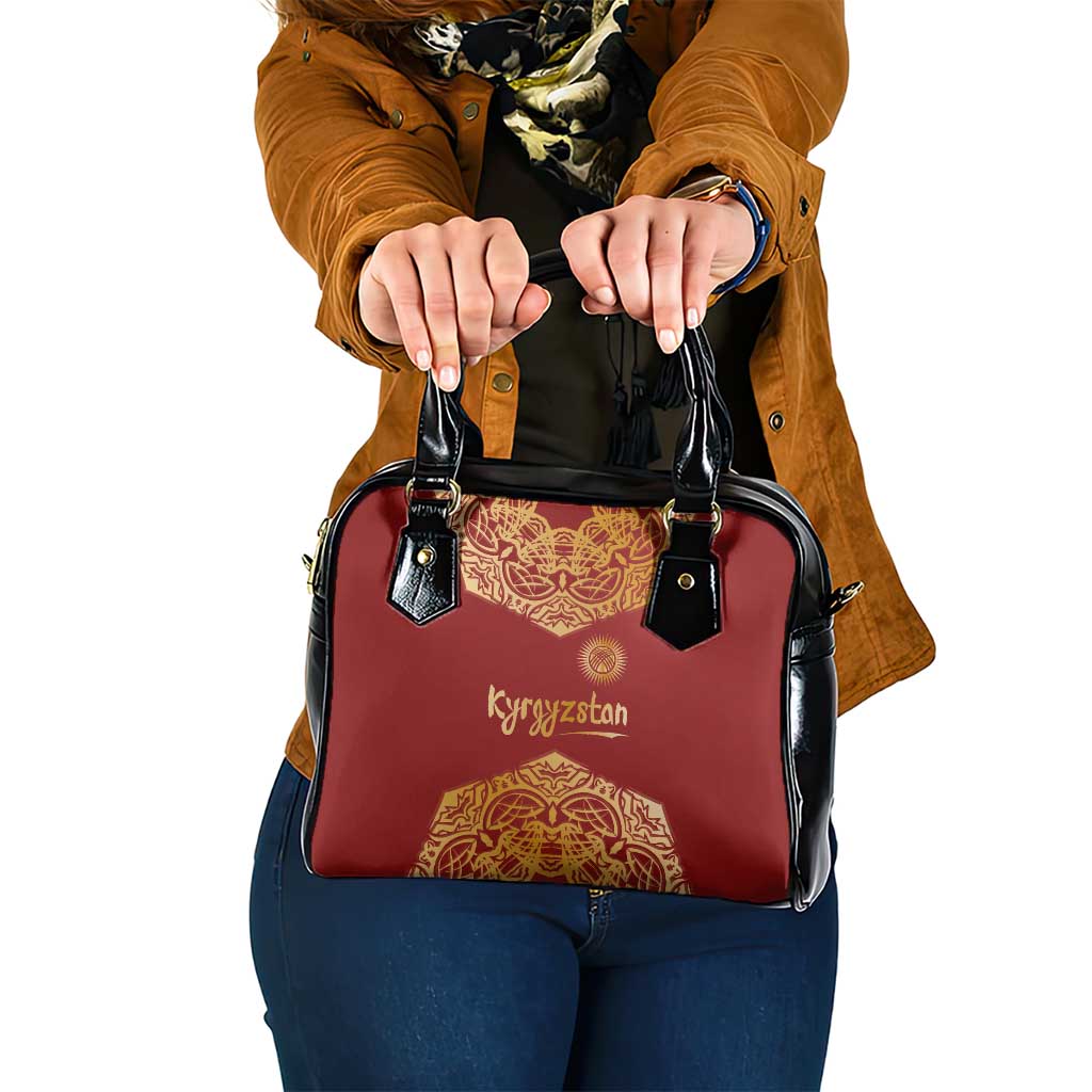 Kyrgyzstan National Symbol Shoulder Handbag Traditional Golden Pattern in Red and Gold