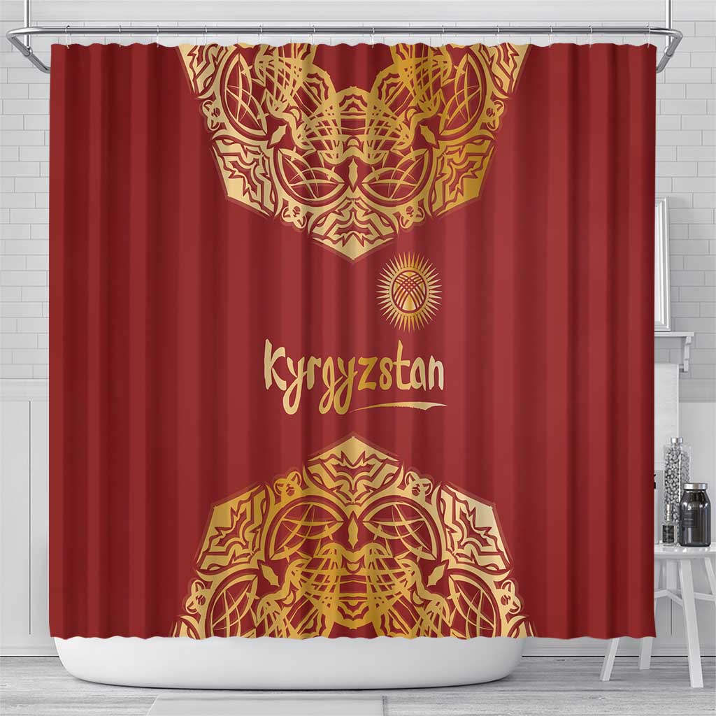 Kyrgyzstan National Symbol Shower Curtain Traditional Golden Pattern in Red and Gold