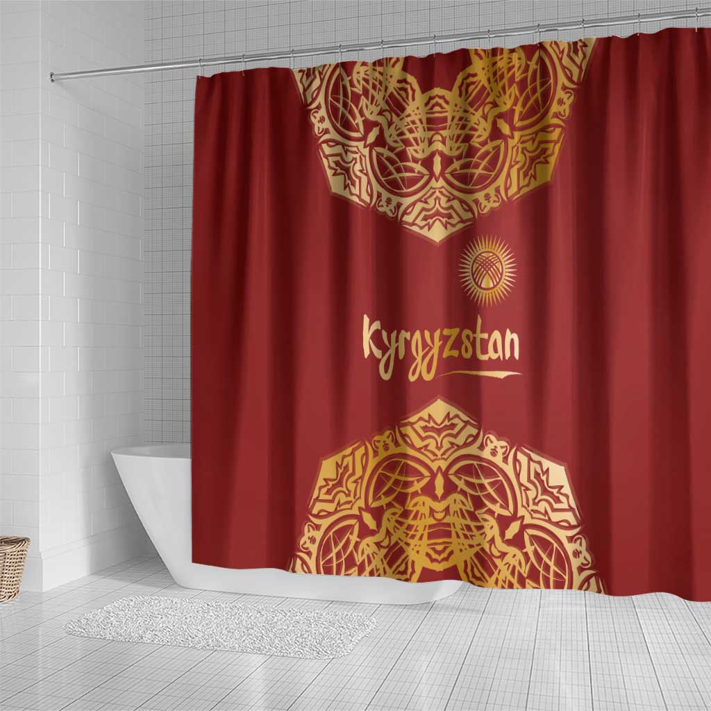 Kyrgyzstan National Symbol Shower Curtain Traditional Golden Pattern in Red and Gold