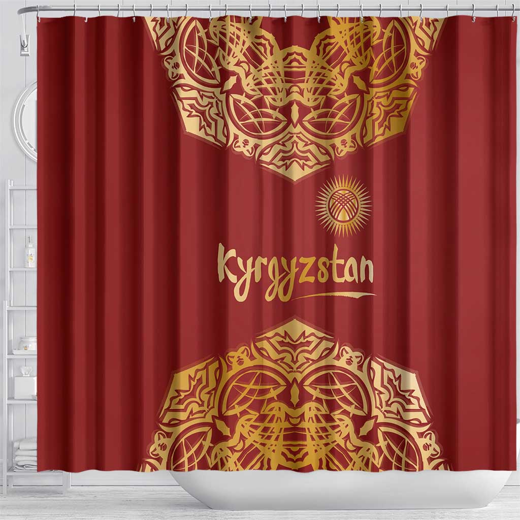 Kyrgyzstan National Symbol Shower Curtain Traditional Golden Pattern in Red and Gold
