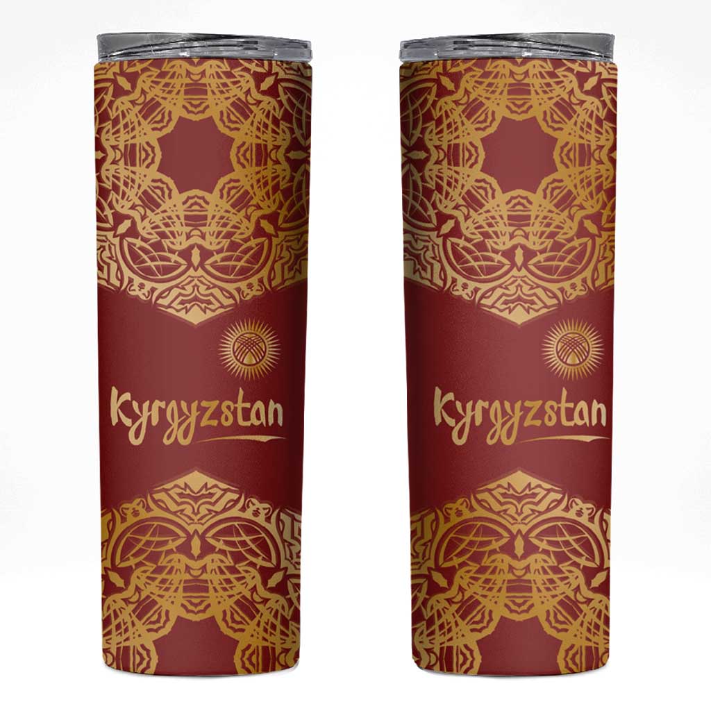Kyrgyzstan National Symbol Skinny Tumbler Traditional Golden Pattern in Red and Gold