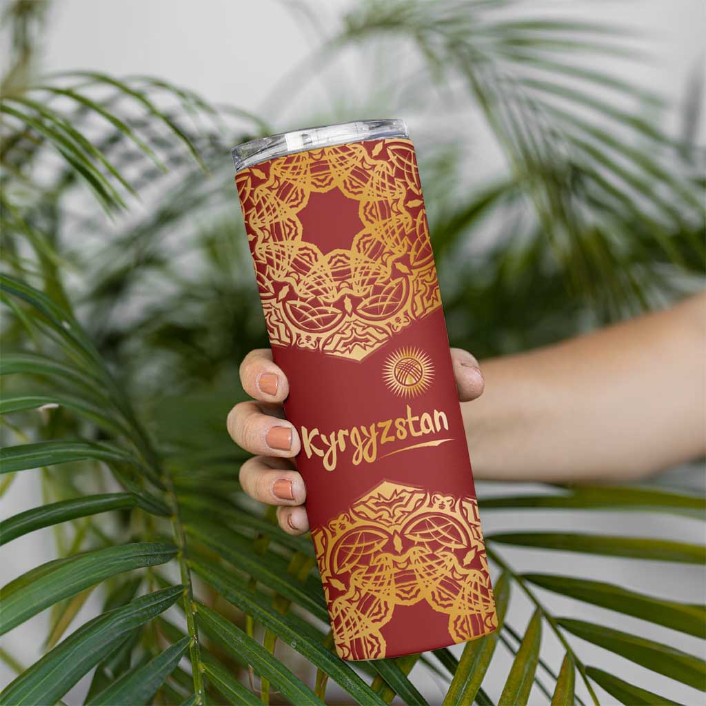 Kyrgyzstan National Symbol Skinny Tumbler Traditional Golden Pattern in Red and Gold