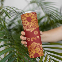 Kyrgyzstan National Symbol Skinny Tumbler Traditional Golden Pattern in Red and Gold