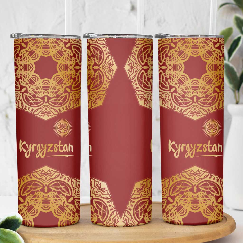 Kyrgyzstan National Symbol Skinny Tumbler Traditional Golden Pattern in Red and Gold