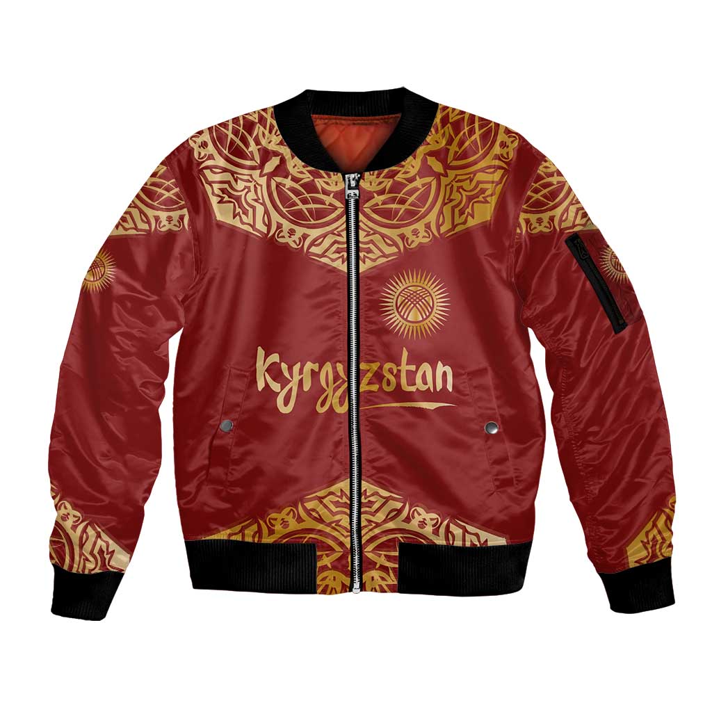 Kyrgyzstan National Symbol Sleeve Zip Bomber Jacket Traditional Golden Pattern in Red and Gold