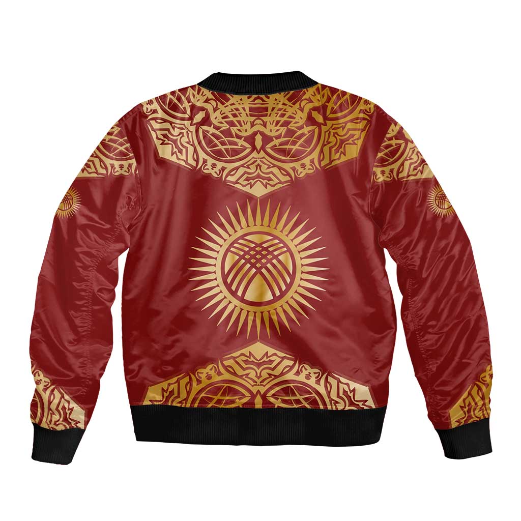 Kyrgyzstan National Symbol Sleeve Zip Bomber Jacket Traditional Golden Pattern in Red and Gold