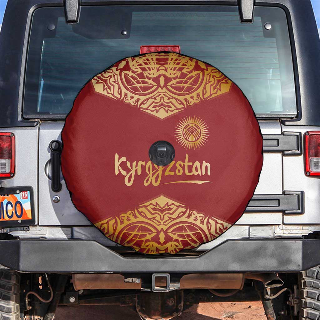Kyrgyzstan National Symbol Spare Tire Cover Traditional Golden Pattern in Red and Gold