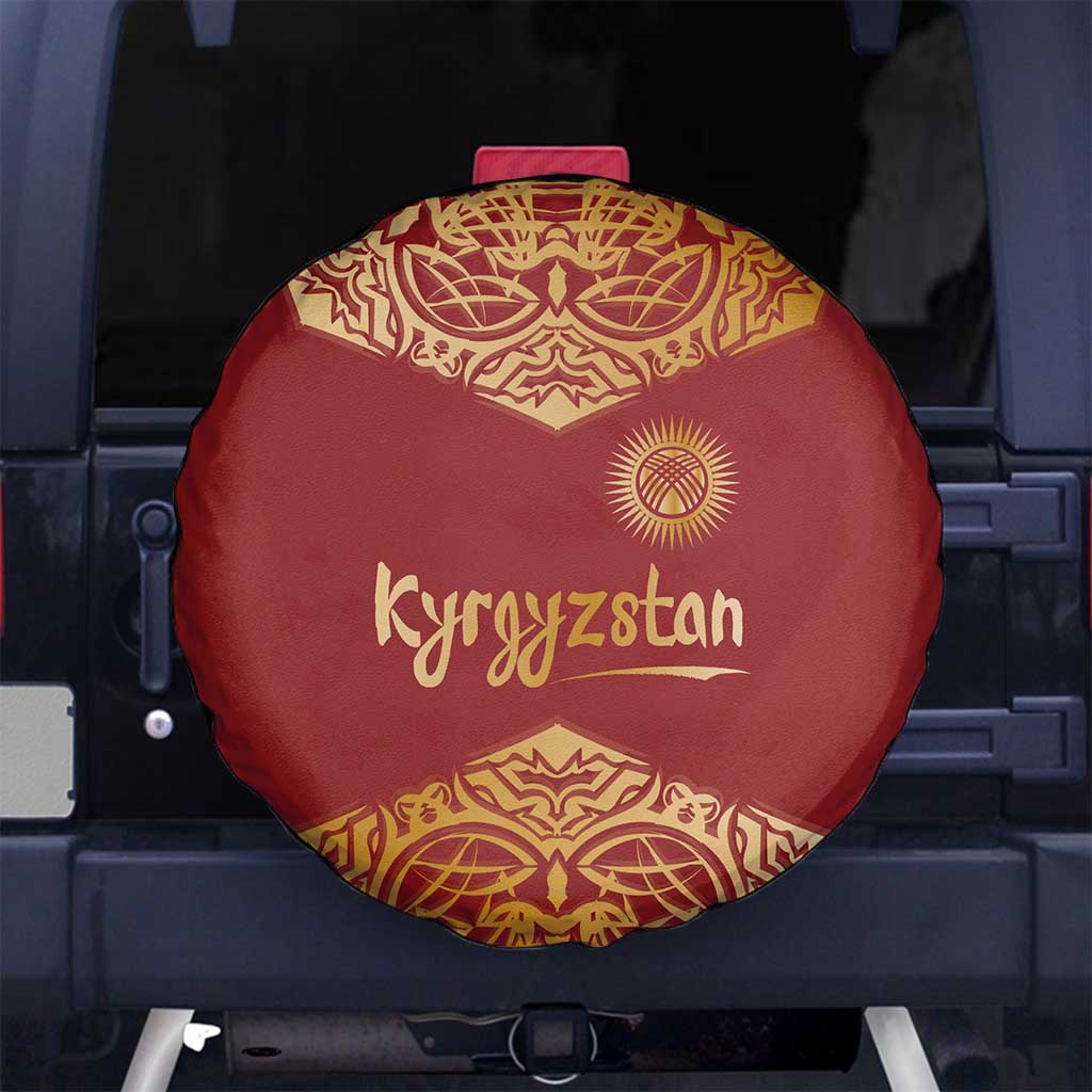 Kyrgyzstan National Symbol Spare Tire Cover Traditional Golden Pattern in Red and Gold