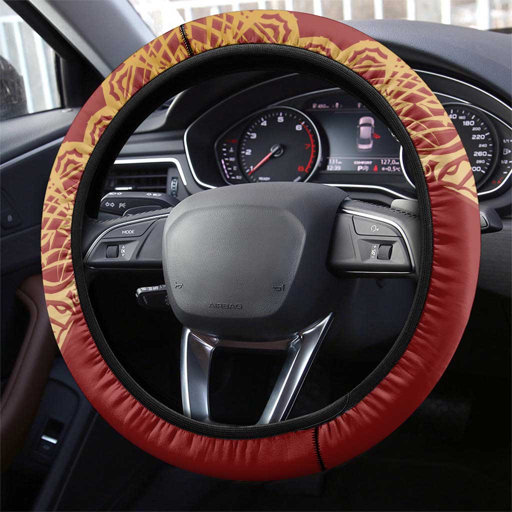Kyrgyzstan National Symbol Steering Wheel Cover Traditional Golden Pattern in Red and Gold