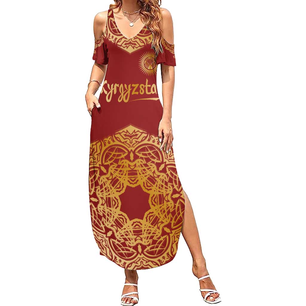 Kyrgyzstan National Symbol Summer Maxi Dress Traditional Golden Pattern in Red and Gold
