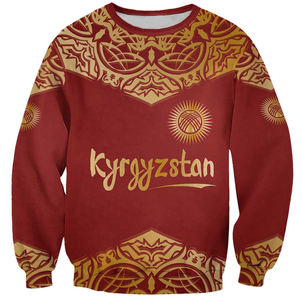 Kyrgyzstan National Symbol Sweatshirt Traditional Golden Pattern in Red and Gold