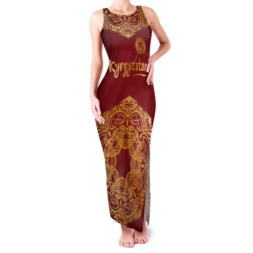 Kyrgyzstan National Symbol Tank Maxi Dress Traditional Golden Pattern in Red and Gold