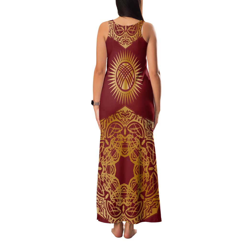 Kyrgyzstan National Symbol Tank Maxi Dress Traditional Golden Pattern in Red and Gold