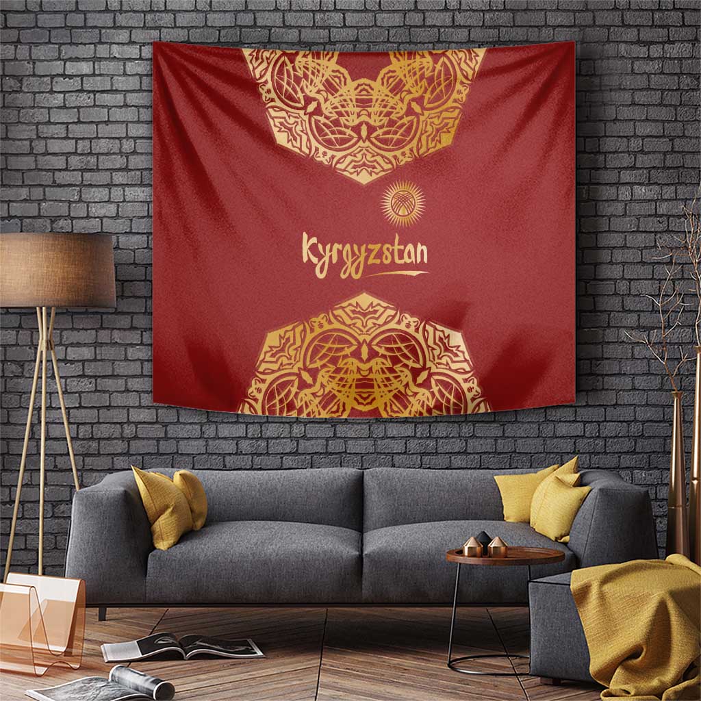 Kyrgyzstan National Symbol Tapestry Traditional Golden Pattern in Red and Gold