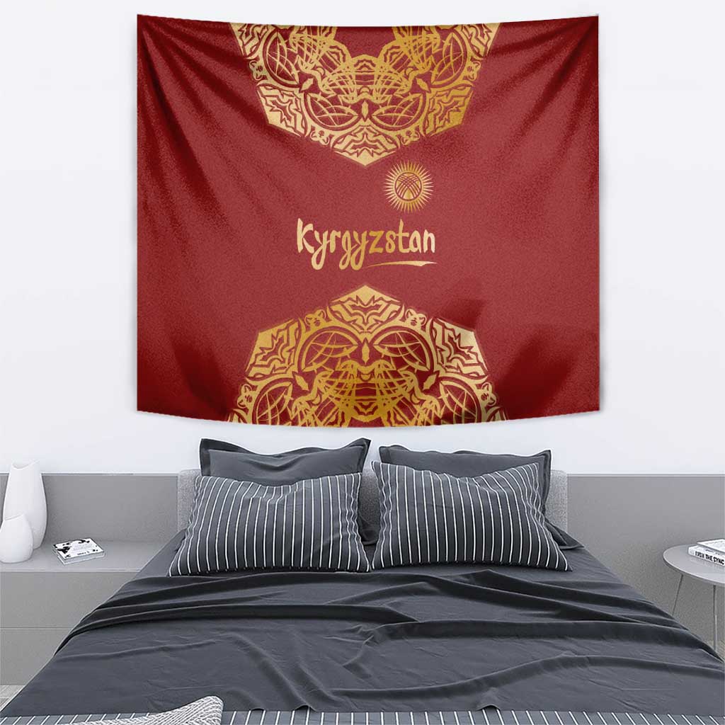 Kyrgyzstan National Symbol Tapestry Traditional Golden Pattern in Red and Gold