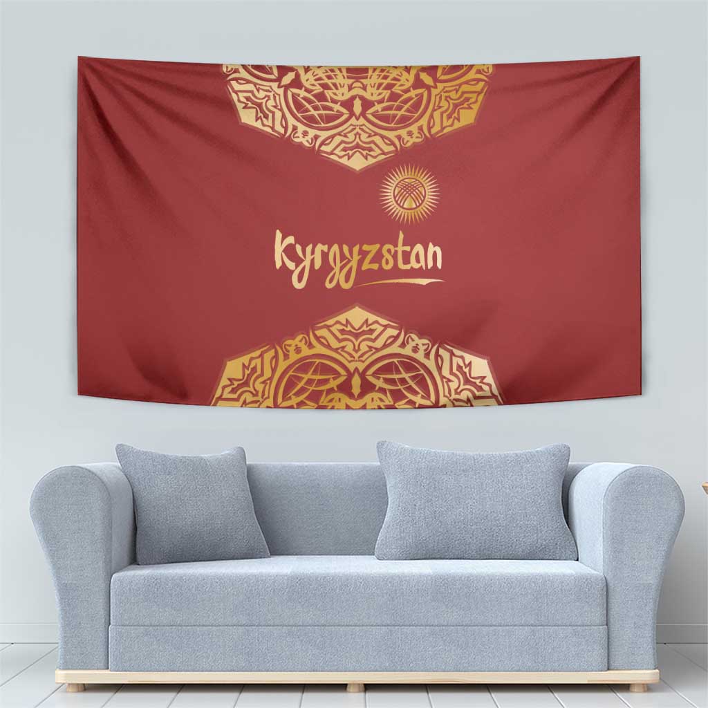 Kyrgyzstan National Symbol Tapestry Traditional Golden Pattern in Red and Gold