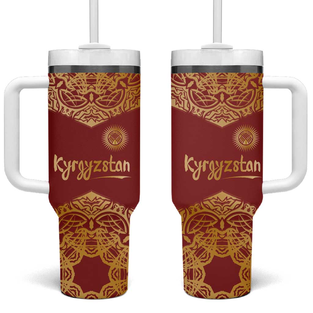 Kyrgyzstan National Symbol Tumbler With Handle Traditional Golden Pattern in Red and Gold