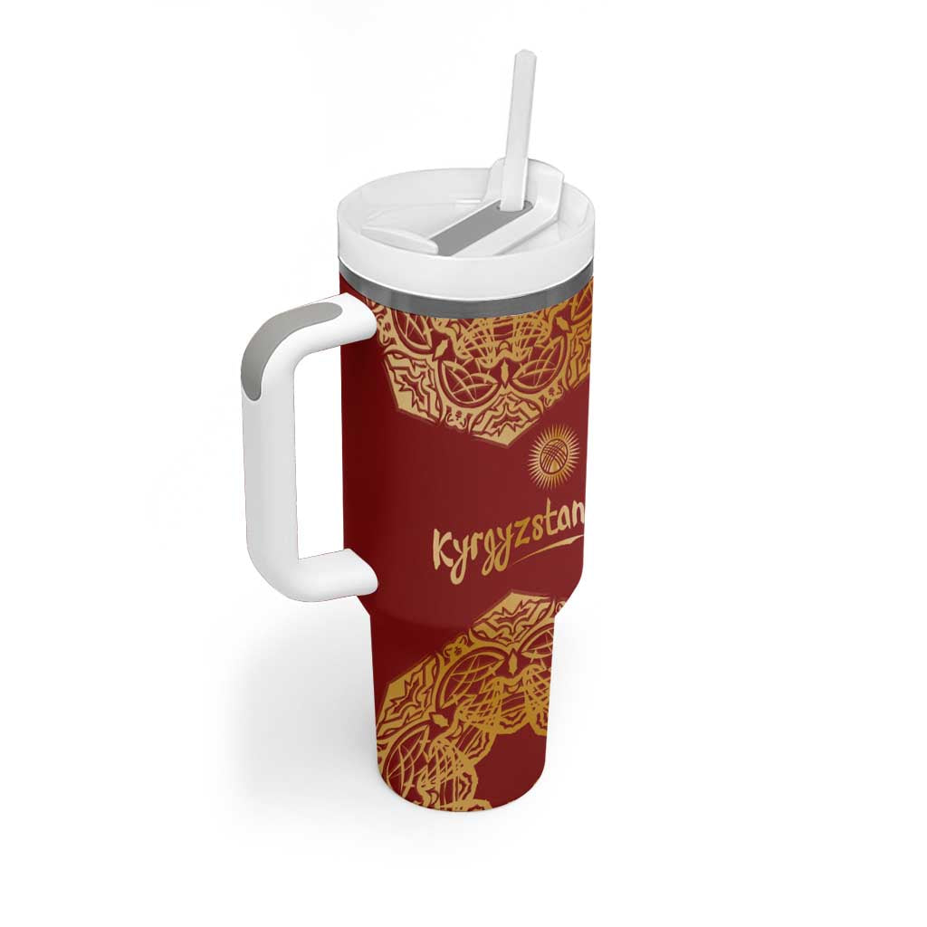 Kyrgyzstan National Symbol Tumbler With Handle Traditional Golden Pattern in Red and Gold