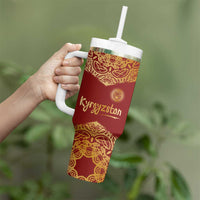 Kyrgyzstan National Symbol Tumbler With Handle Traditional Golden Pattern in Red and Gold