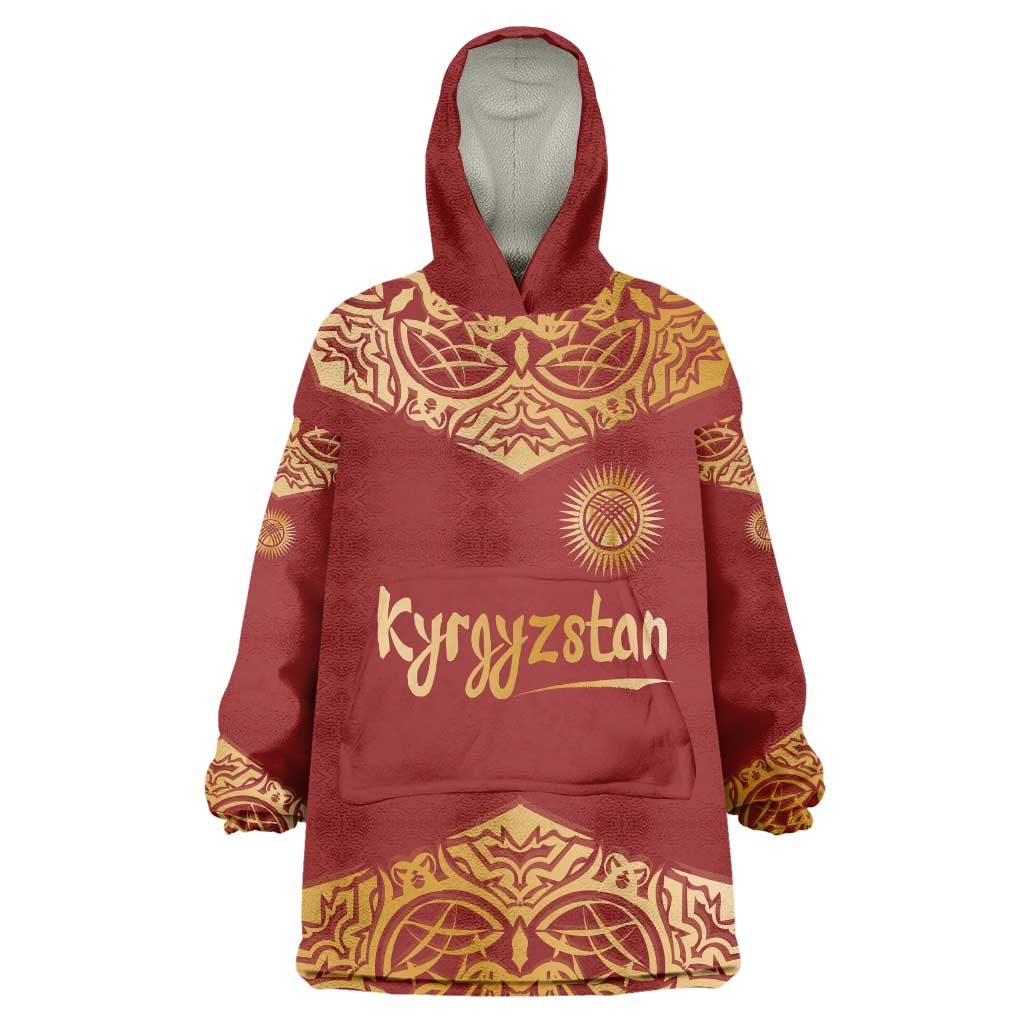 Kyrgyzstan National Symbol Wearable Blanket Hoodie Traditional Golden Pattern in Red and Gold