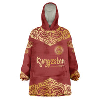 Kyrgyzstan National Symbol Wearable Blanket Hoodie Traditional Golden Pattern in Red and Gold