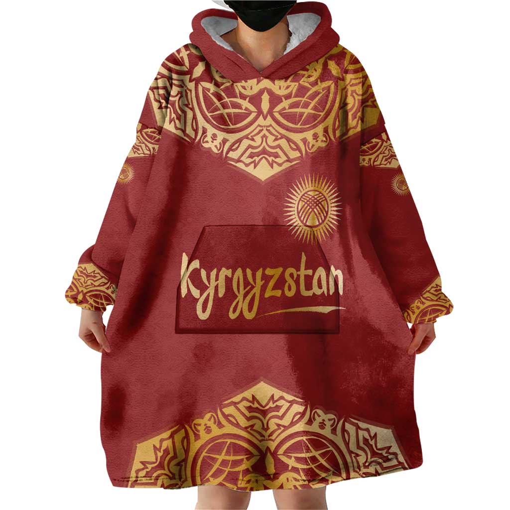 Kyrgyzstan National Symbol Wearable Blanket Hoodie Traditional Golden Pattern in Red and Gold