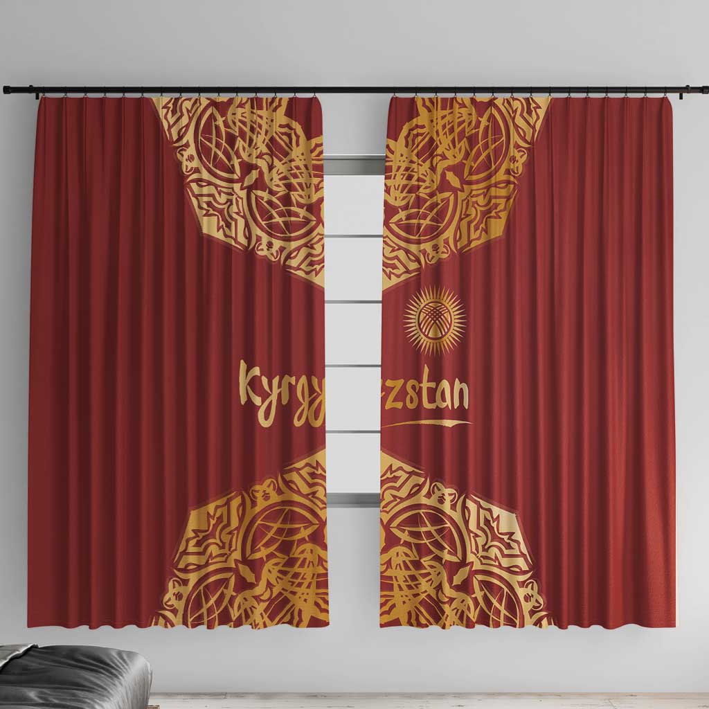 Kyrgyzstan National Symbol Window Curtain Traditional Golden Pattern in Red and Gold