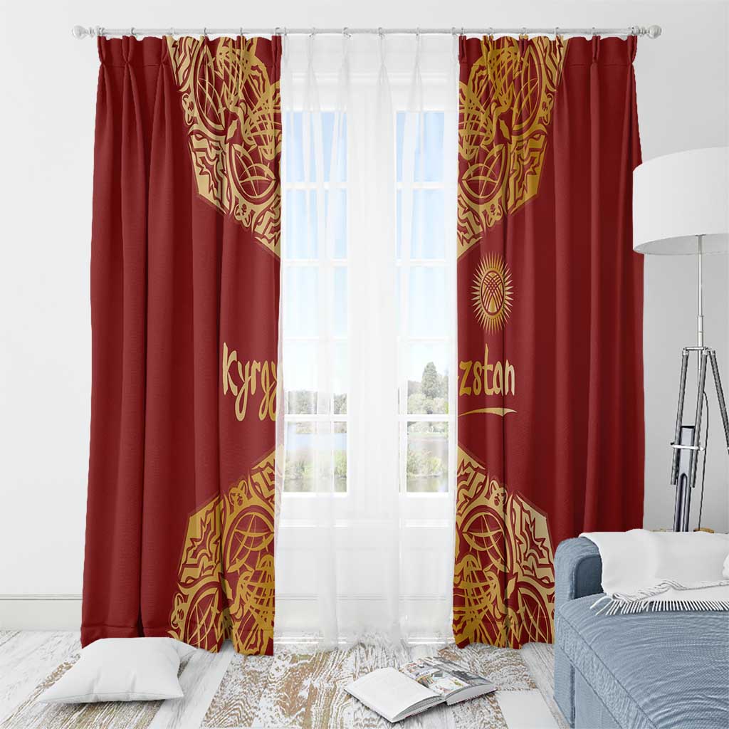 Kyrgyzstan National Symbol Window Curtain Traditional Golden Pattern in Red and Gold
