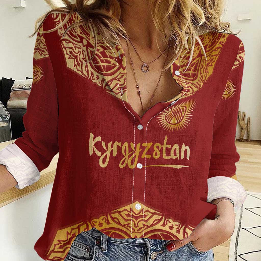Kyrgyzstan National Symbol Women Casual Shirt Traditional Golden Pattern in Red and Gold