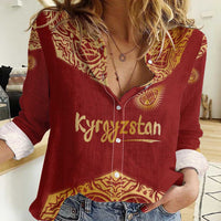 Kyrgyzstan National Symbol Women Casual Shirt Traditional Golden Pattern in Red and Gold
