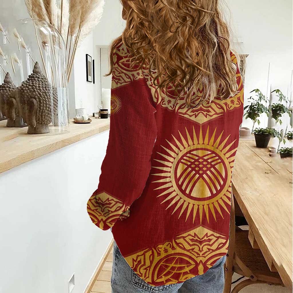 Kyrgyzstan National Symbol Women Casual Shirt Traditional Golden Pattern in Red and Gold