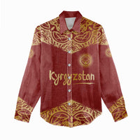 Kyrgyzstan National Symbol Women Casual Shirt Traditional Golden Pattern in Red and Gold