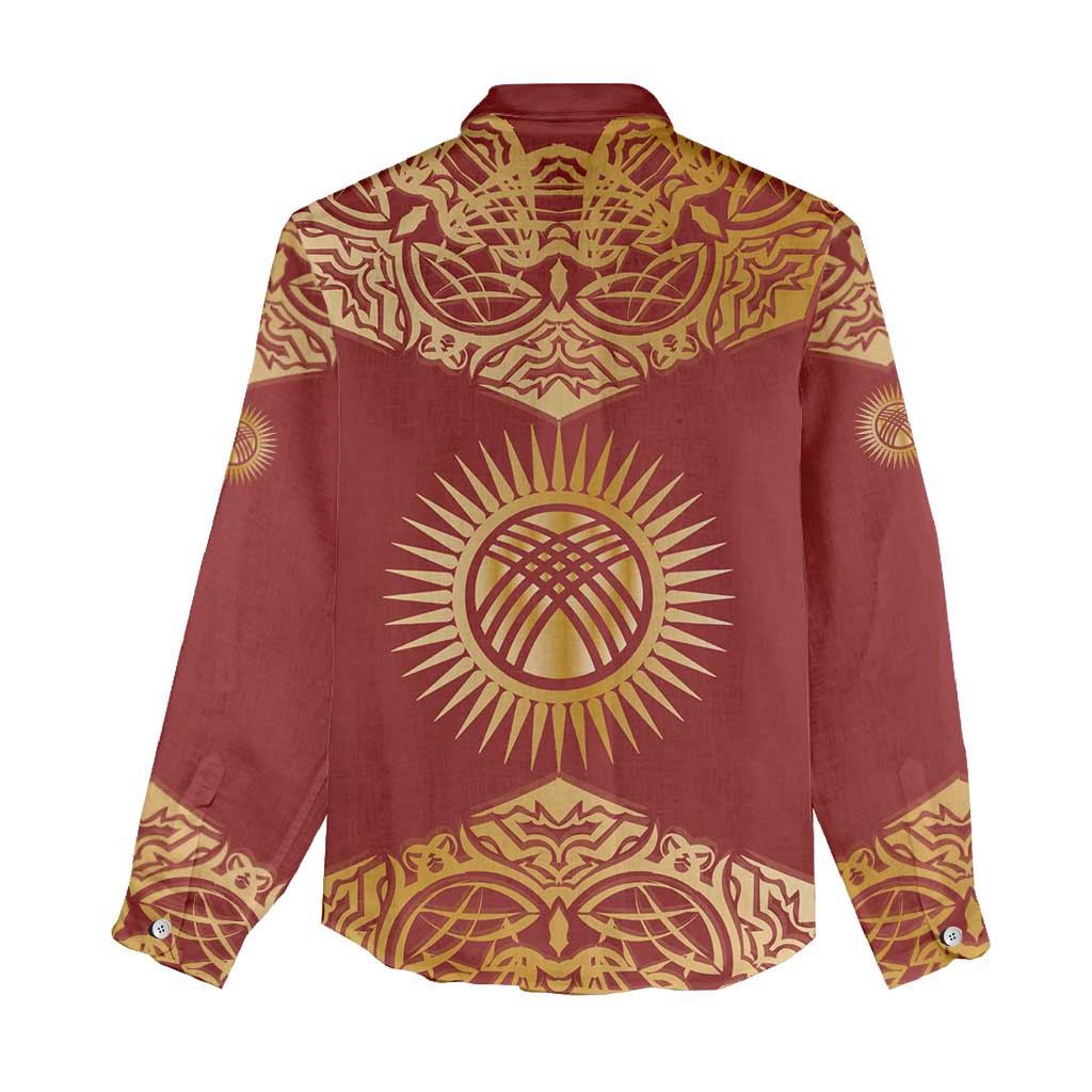 Kyrgyzstan National Symbol Women Casual Shirt Traditional Golden Pattern in Red and Gold