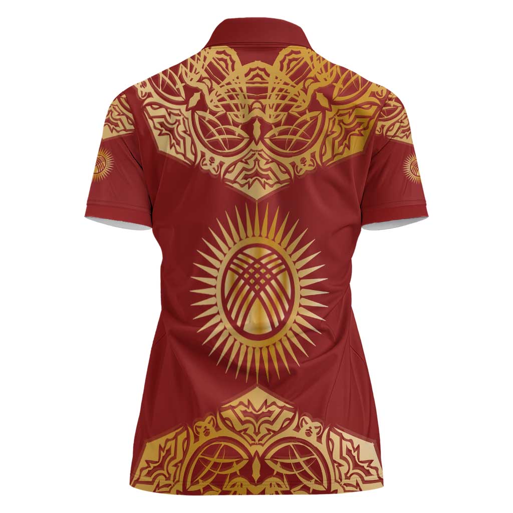 Kyrgyzstan National Symbol Women Polo Shirt Traditional Golden Pattern in Red and Gold